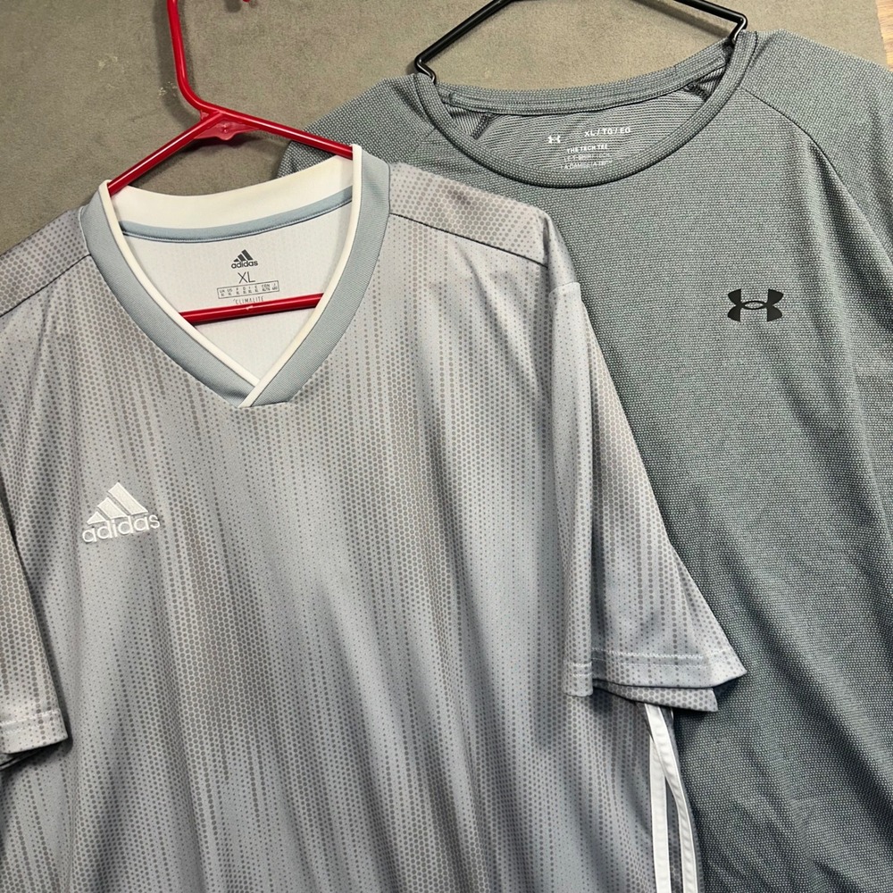 Adidas Under Armour Shirts Men XL Grey Athletic Performance Bundle Excellent x2‎
